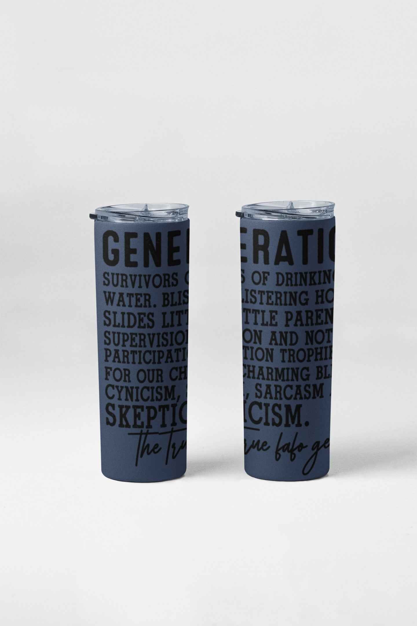 Generation X Stainless Steel Tumbler, 20 oz, Navy Blue with Text Design