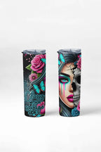 Sugar Skull Design Stainless Steel Tumbler, 20 oz, Turquoise Butterflies and Pink Roses