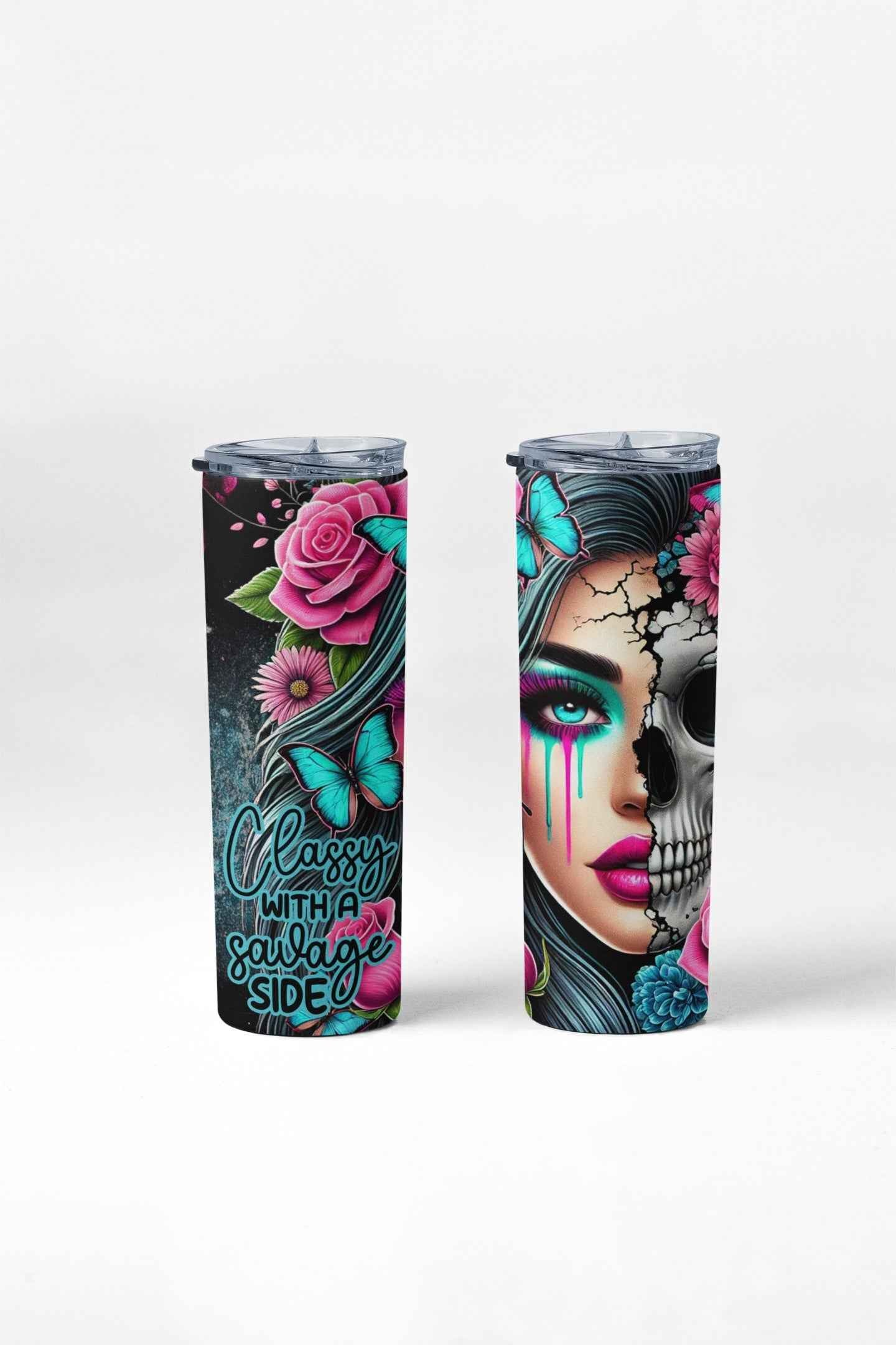 Sugar Skull Design Stainless Steel Tumbler, 20 oz, Turquoise Butterflies and Pink Roses