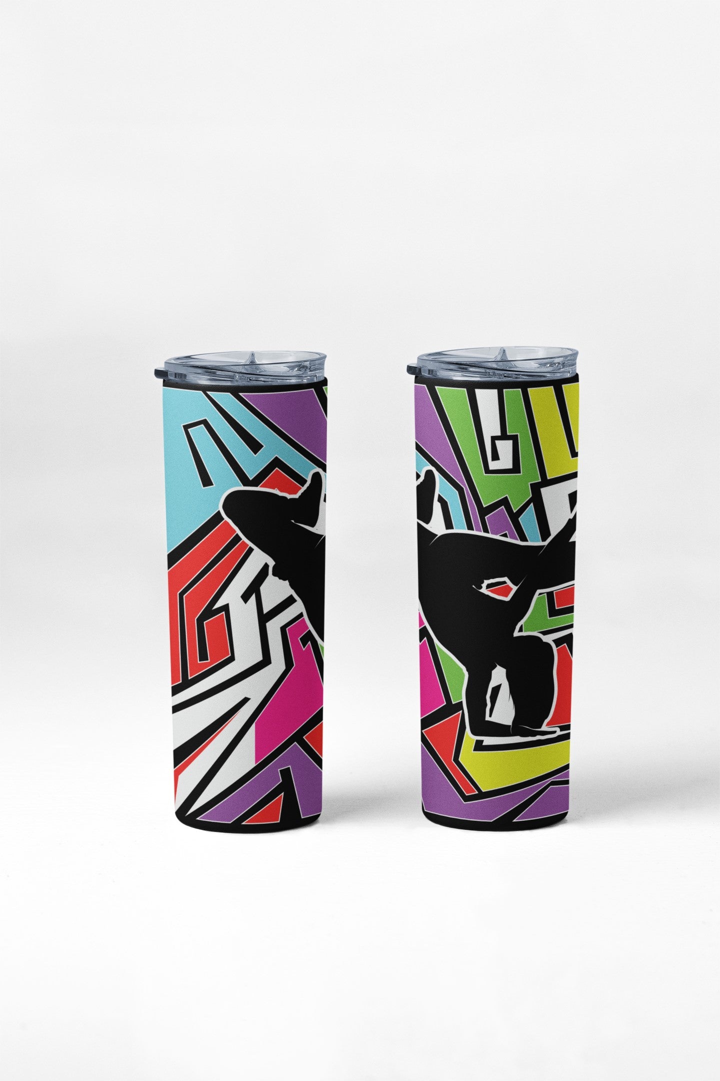 Two colorful tumblers with abstract designs on a white background