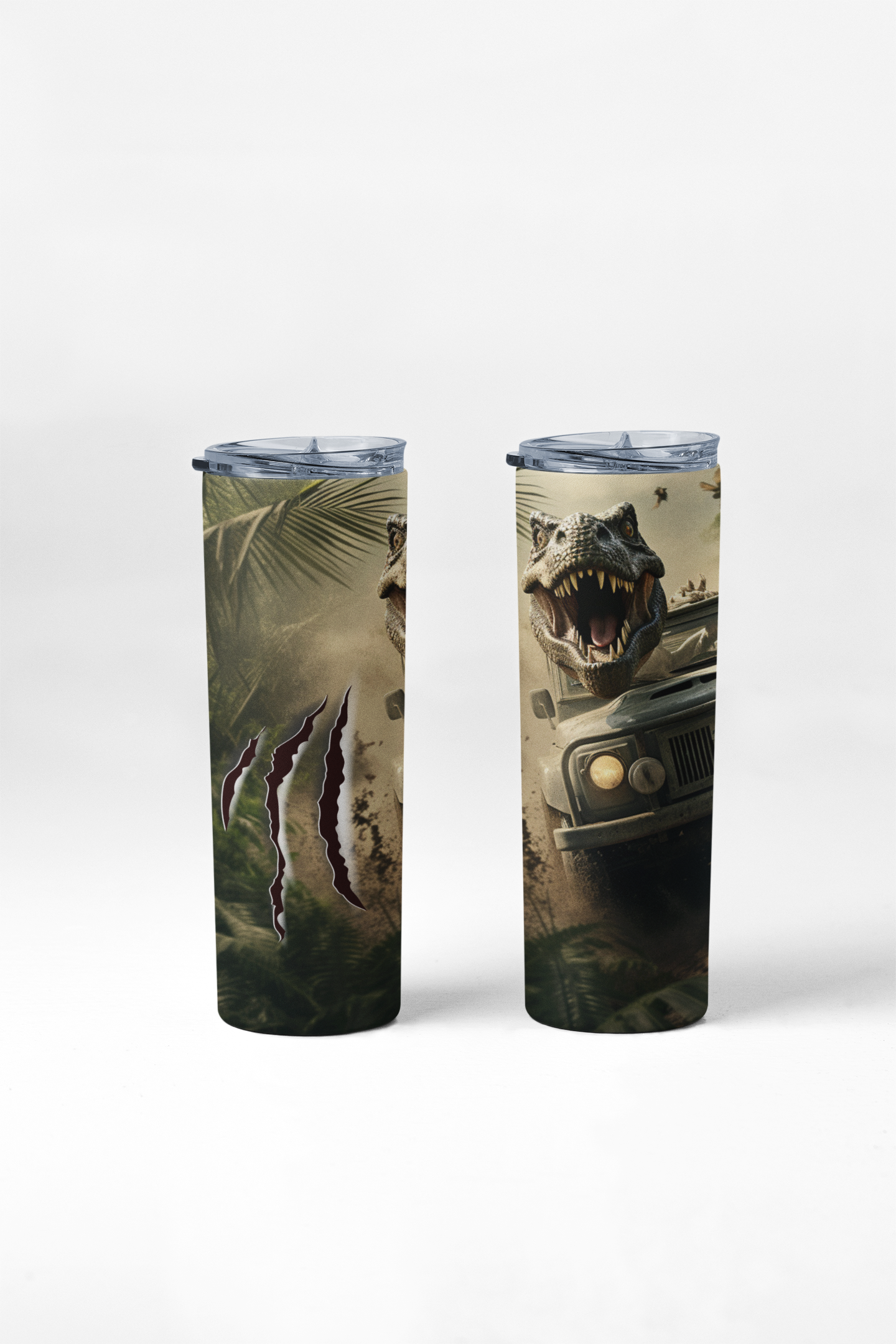 Two tumblers with a Jurassic Park-themed design featuring a T-Rex and jeep on a white background.