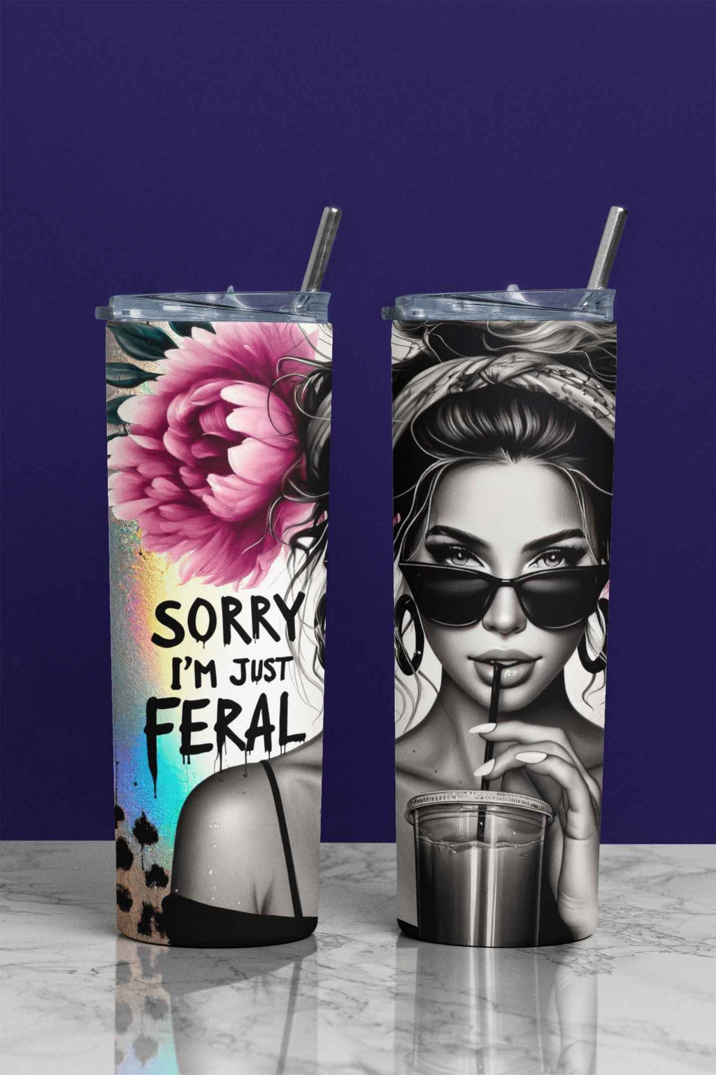 FERAL Stylish Stainless-Steel Tumbler with Straw, Hot/Cold Insulated, 20 oz