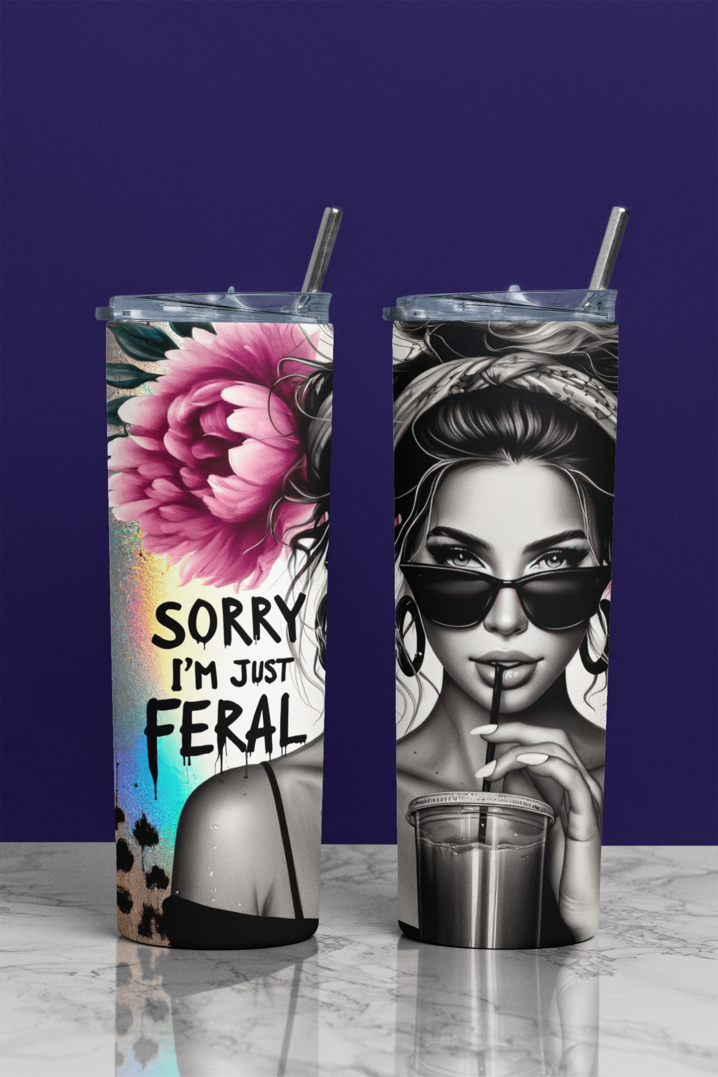 Two tumblers with artistic designs on a marble surface against a dark background