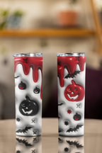 Halloween Skinny Tumbler with Lid and Straw, 3D Pumpkin and Bat Design