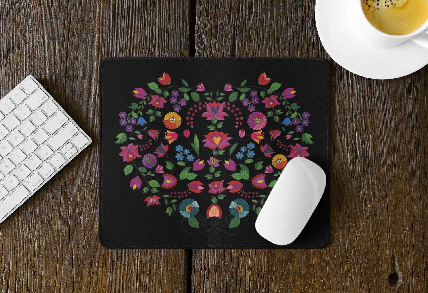 MATYO Floral Mouse Pad, Black with Folk Art Design, Decorative Desk Accessory