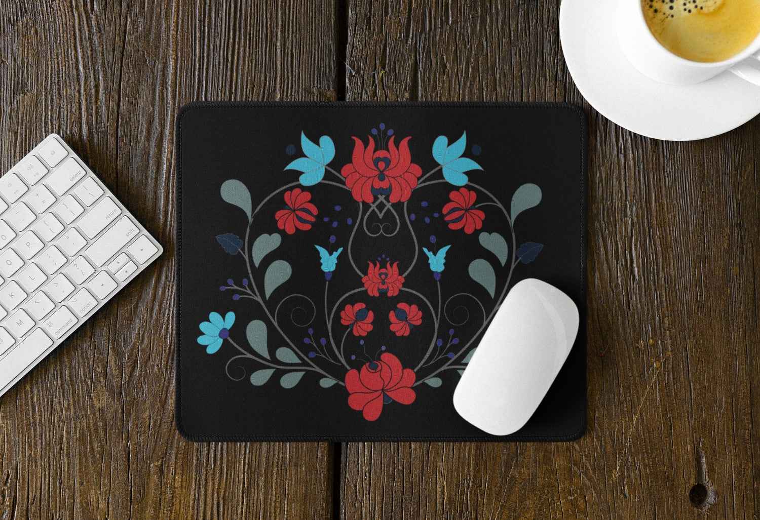 MATYO Floral Mouse Pad, Black with Folk Art Design, Decorative Desk Accessory