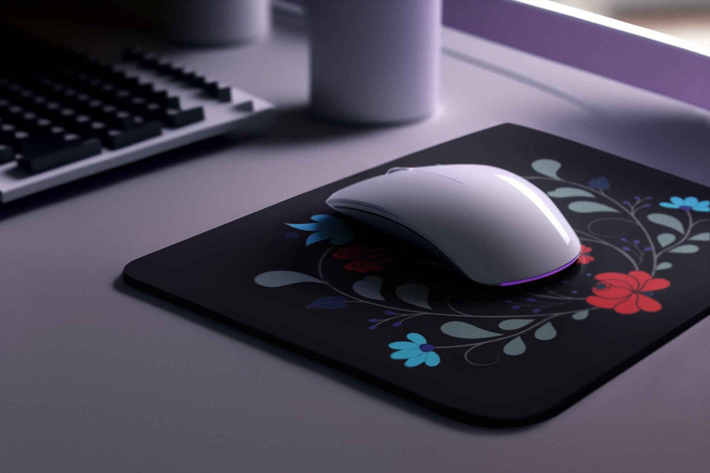 MATYO Floral Mouse Pad, Black with Folk Art Design, Decorative Desk Accessory