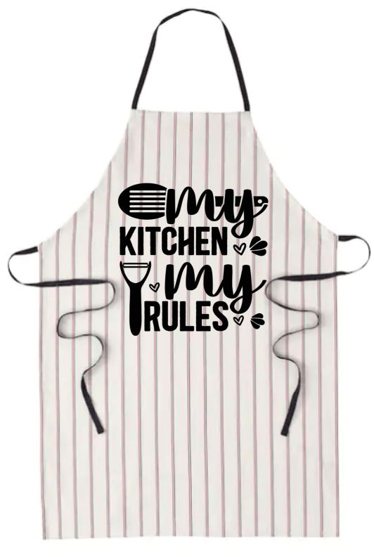 Striped apron with 'My Kitchen My Rules' text on a white background