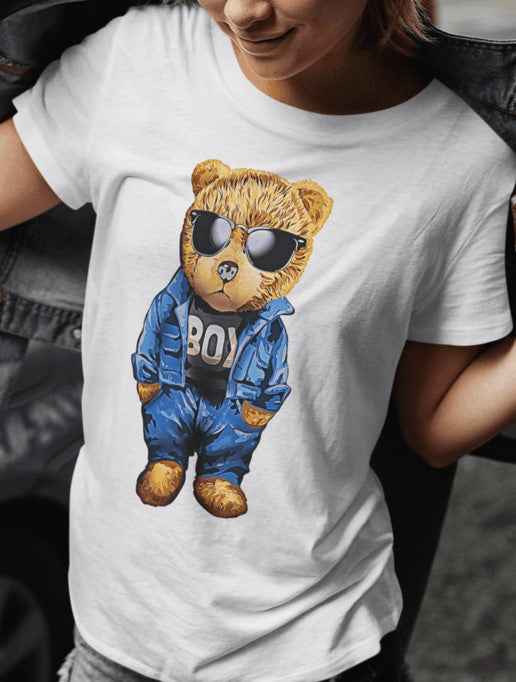 Cool Bear Graphic T-Shirt, White Cotton Tee with Sunglasses Teddy in Blue Outfit, Unisex Fashion Streetwear (US, Alpha, Medium, Regular, Regular)