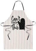 Striped apron with 'Can't Touch This' text and oven mitt graphic on a white background
