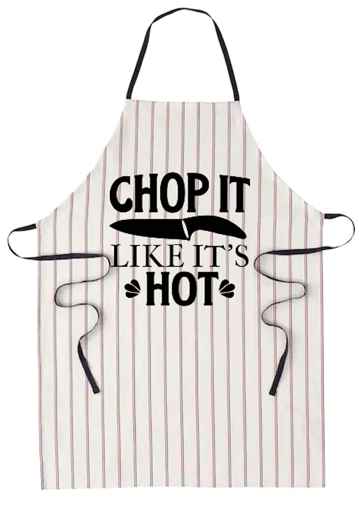 Striped apron with 'Chop It Like It's Hot' text on a white background