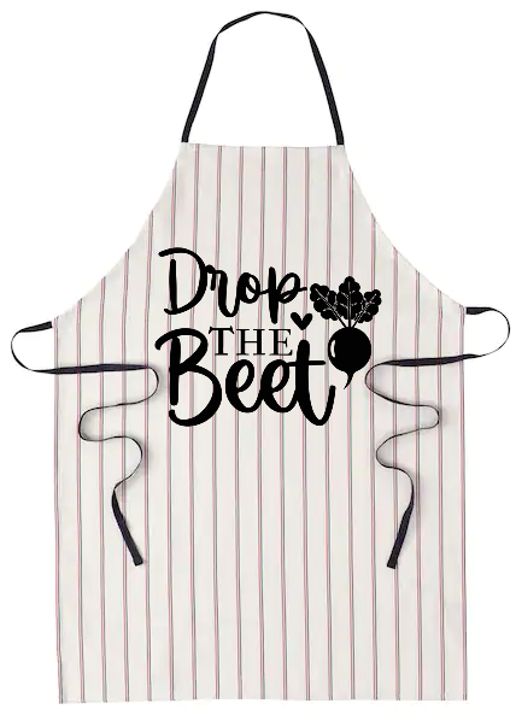 Striped apron with 'Drop the Beet' text and beet graphic on a white background