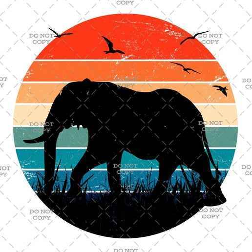 Retro Sunset Elephant Iron-on Transfer Decal, Vintage Safari Design, Black