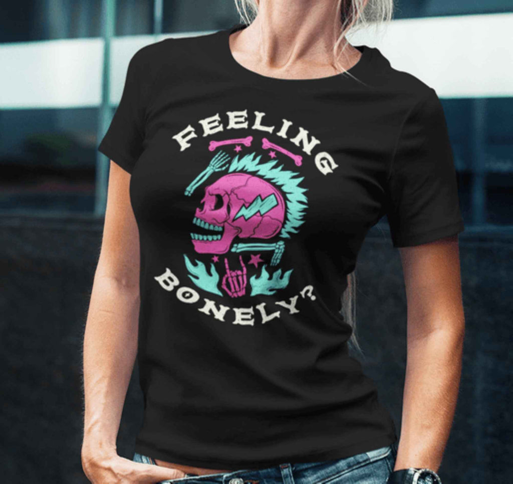 Feeling Bonely Punk Skull T-Shirt, Black, Pink and Turquoise Graphic Design, Size M