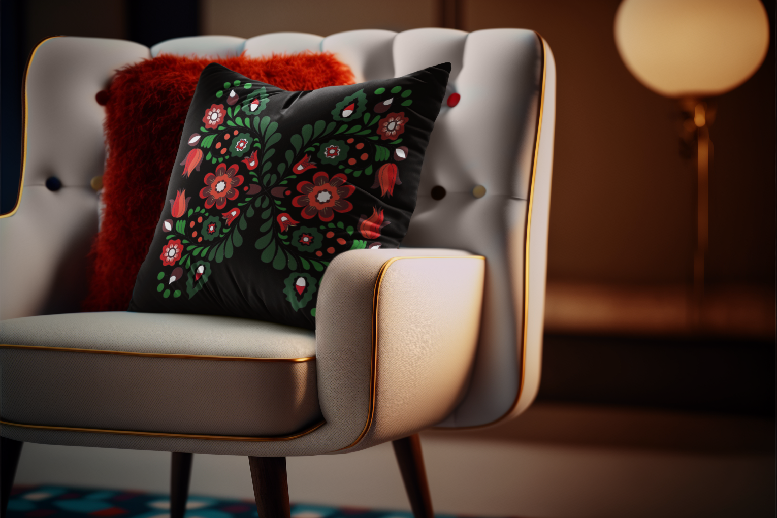 Decorative pillow with floral pattern on a chair in a cozy room.