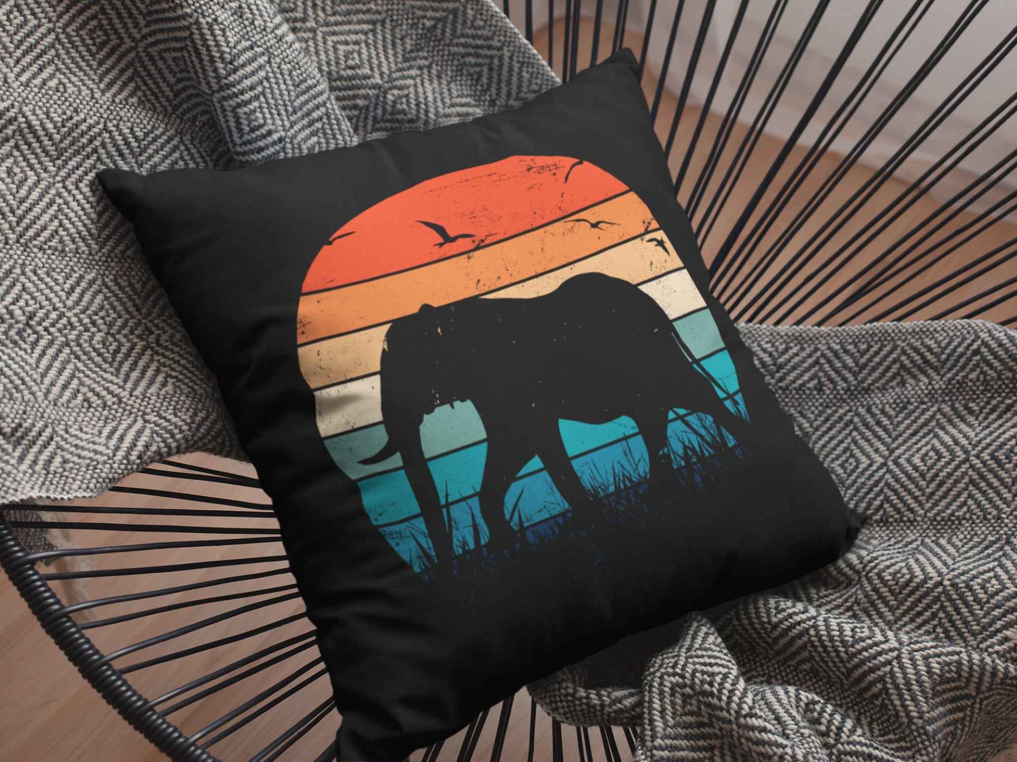 Retro Sunset Elephant Iron-on Transfer Decal, Vintage Safari Design, Black