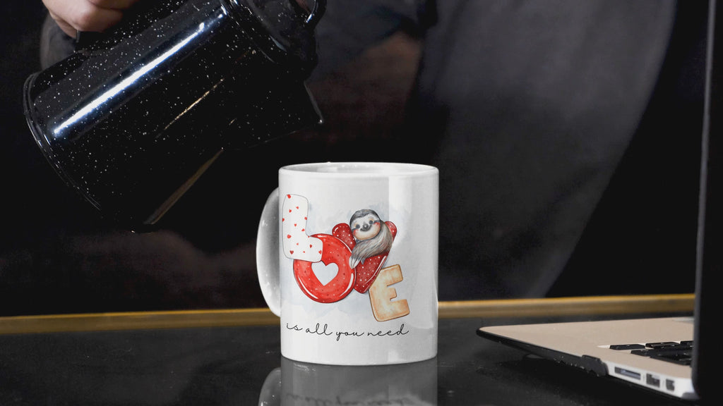 Cute Sloth Love Coffee Mug, 11 oz Ceramic Cup, White with Heart Design