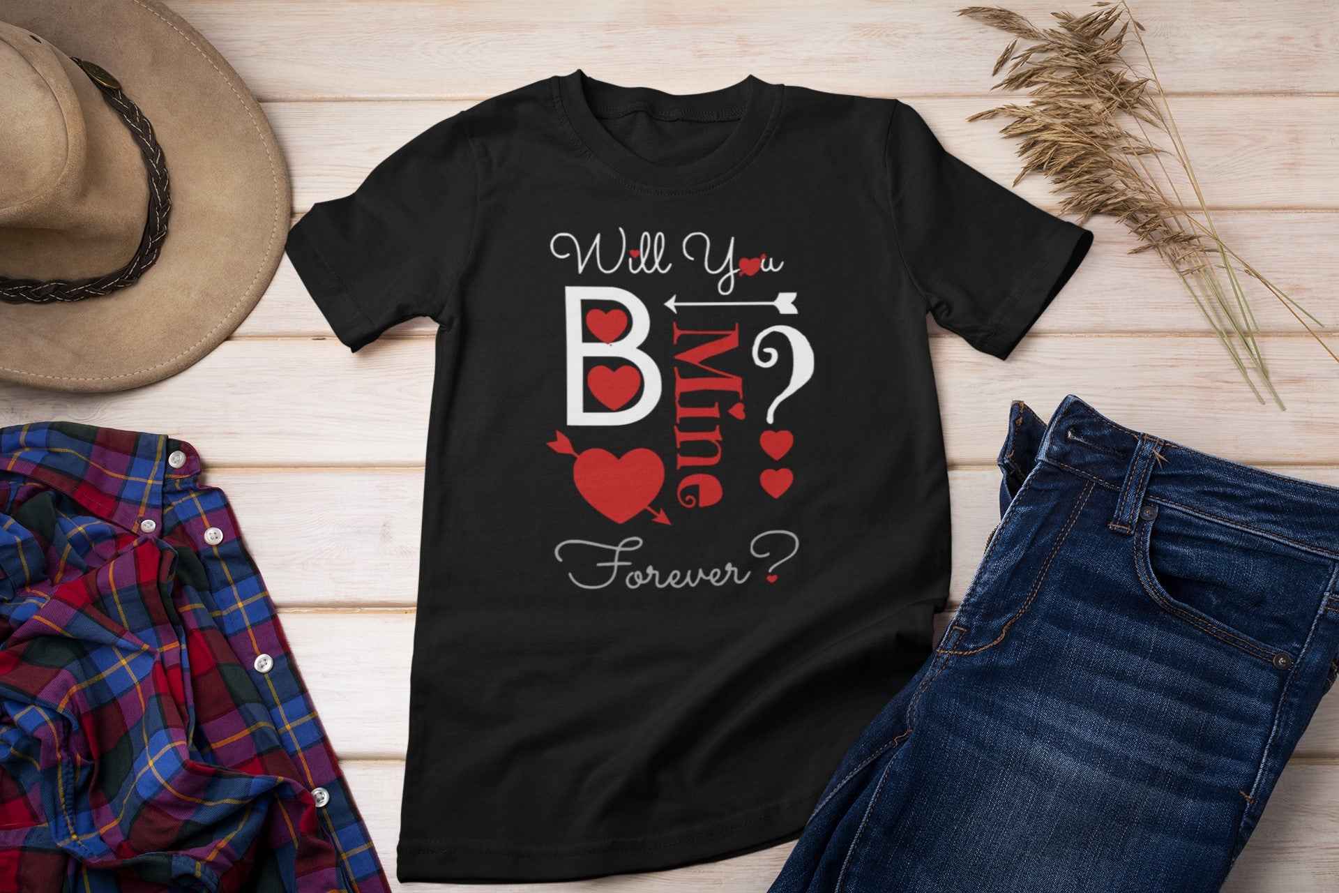 Valentine's Day Proposal T-Shirt, Black Cotton 'Will You Be Mine Forever?' Romantic Graphic Tee