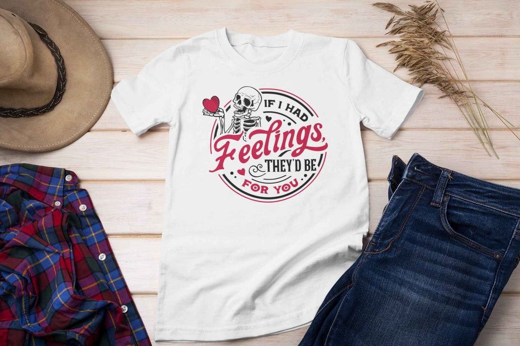 If I Had Feelings Graphic T-Shirt, White, Short Sleeve, Skeleton Heart Design
