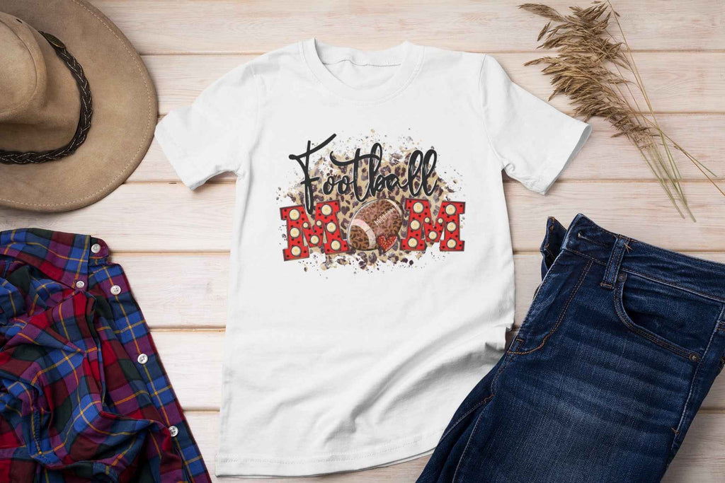 Football Mom T-Shirt, Size L, White Cotton, Polka Dot Design, Leopard Print Accent
