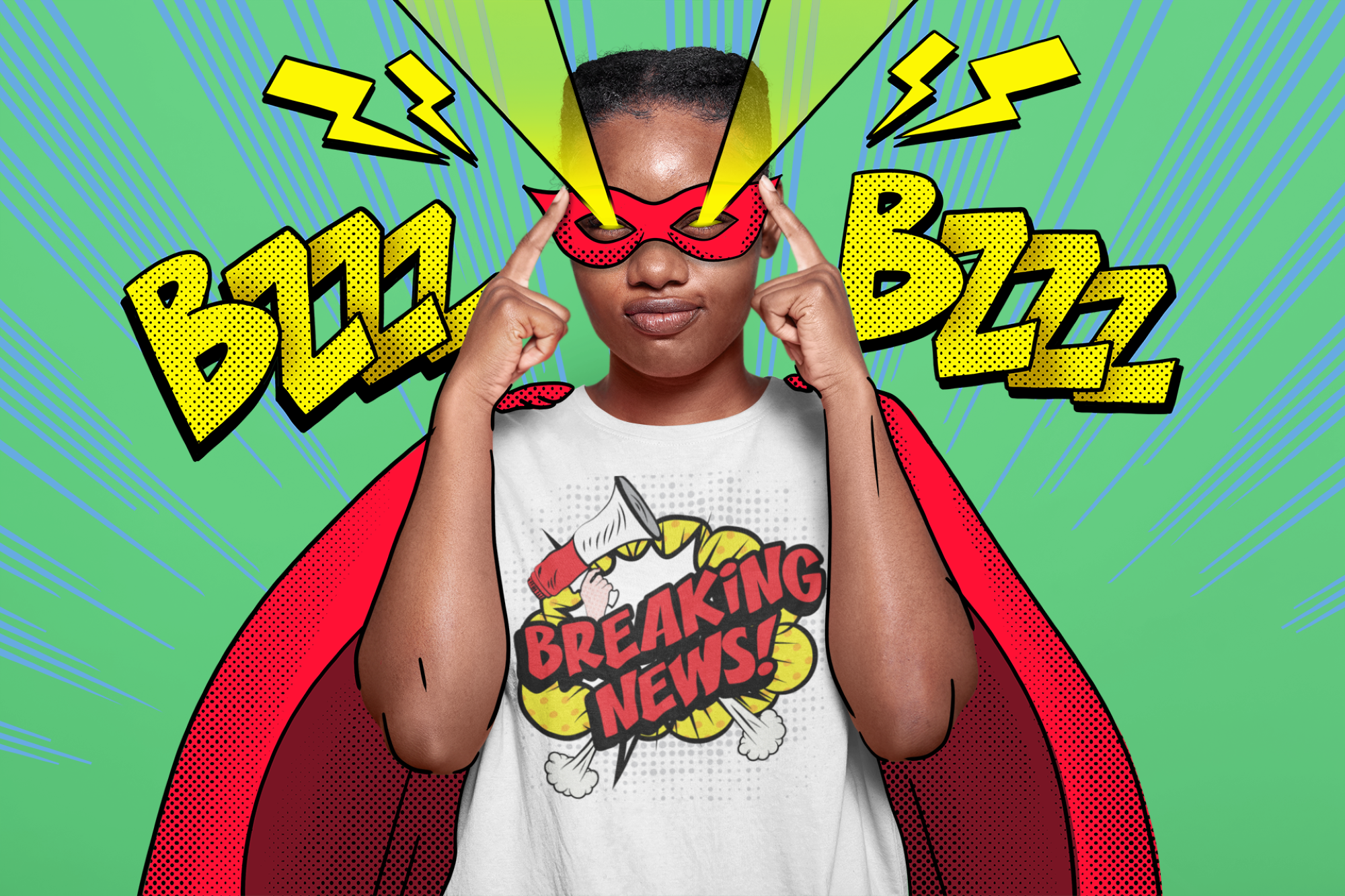 A person wearing a red superhero mask and cape over a white graphic T-shirt, posing with fingers near their eyes against a bright green comic-style background with yellow 'BZZZZ' text and 'BREAKING NEWS!' artwork.