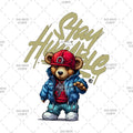 Teddy bear wearing a red cap and blue jacket with 'Stay Humble' text on a white background