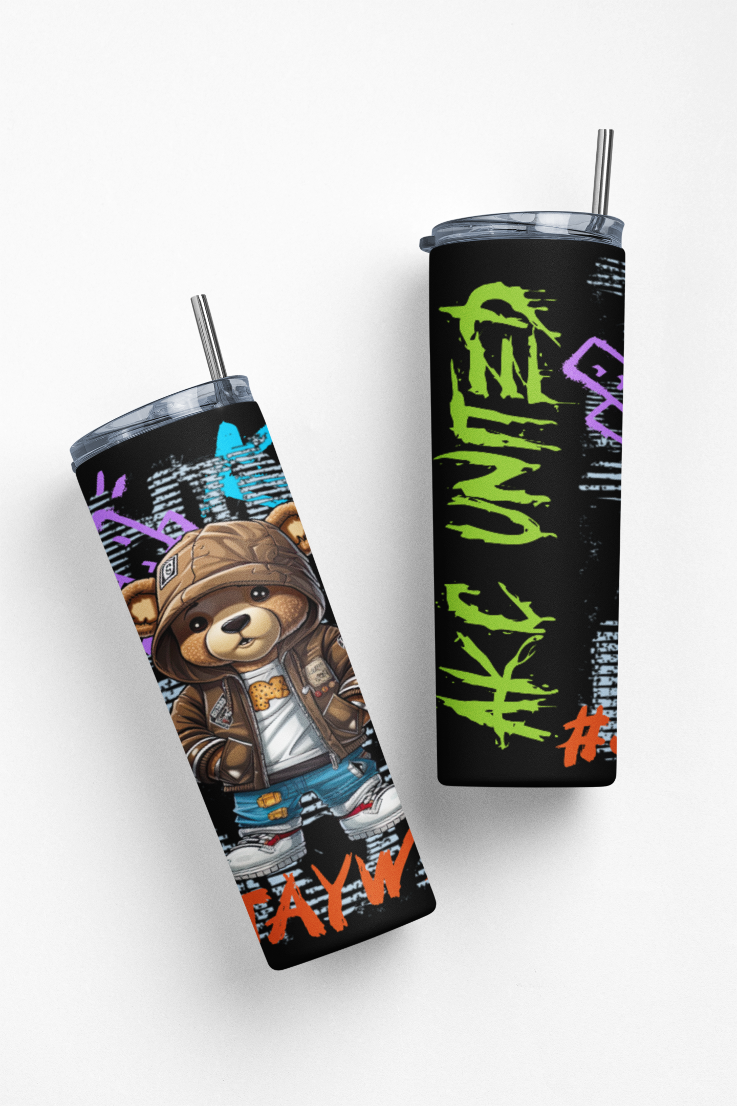 Custom Design Stylish Bear Tumbler, 20oz Stainless Steel Cup with Straw, Graffiti Art Design