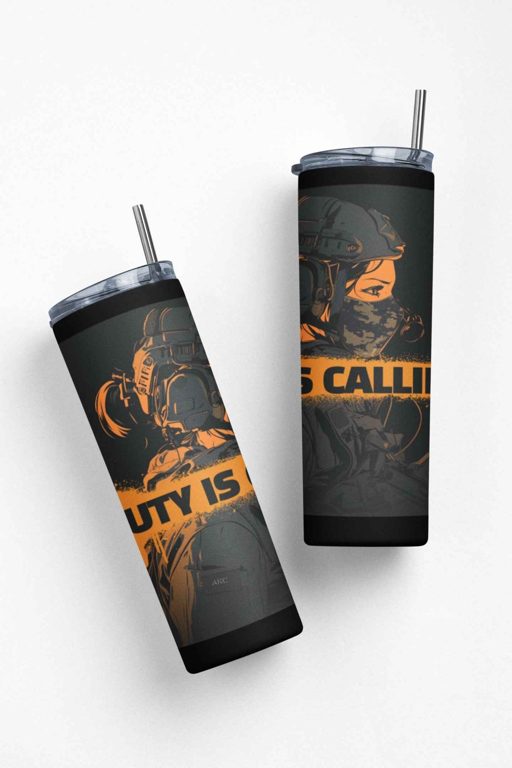 Passionate Tumbler with Straw, Military Design, Black and Orange Custom Graphics