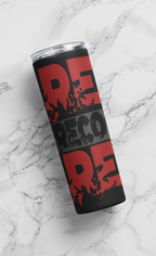 Tumbler with red and black text on a marble surface