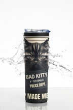Bad Kitty 20 oz Stainless Steel Tumbler with Police Mugshot Design, Insulated Travel Cup with Lid and Straw