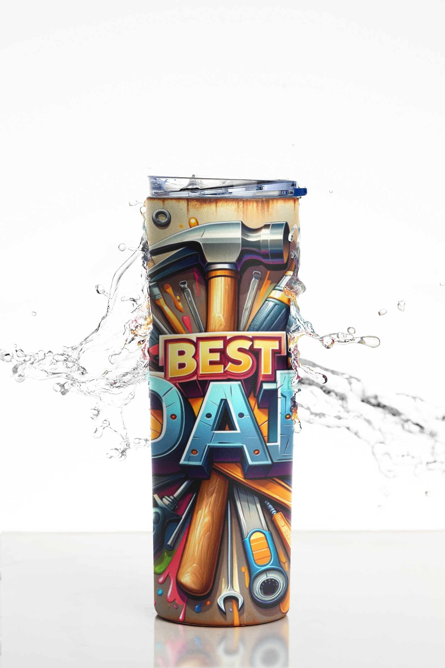 Tumbler with 'Best Dad' text and tools design on a white background