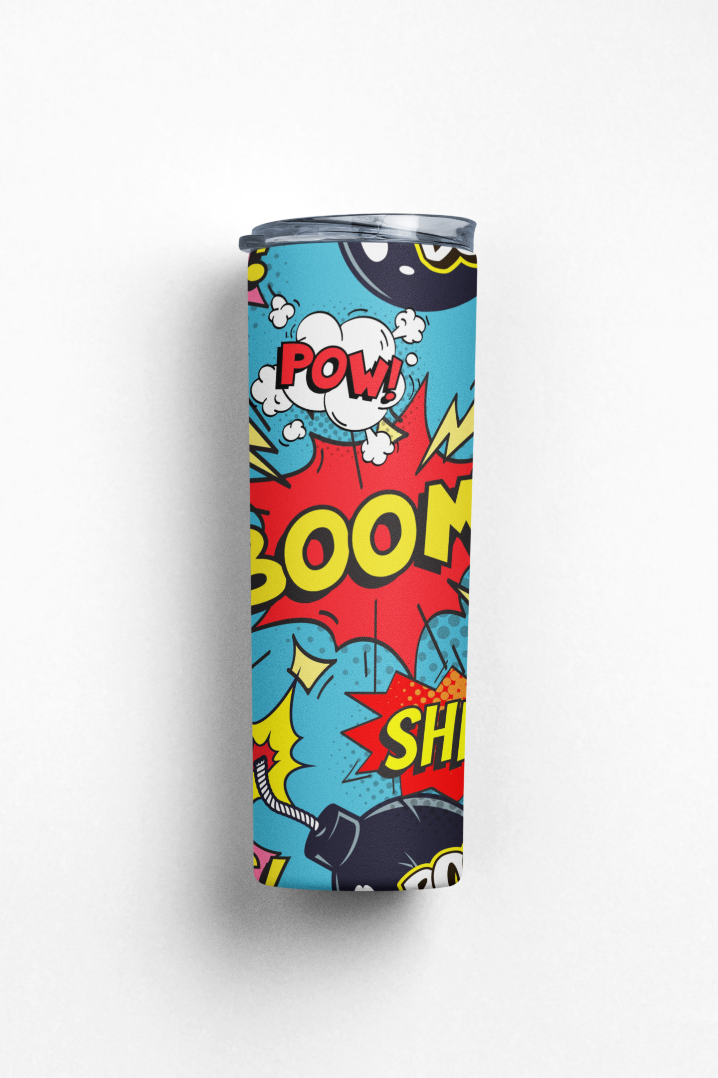 Tumbler with comic book-style design featuring the words 'POW!', 'BOOM!', and 'SHH!' on a white background.