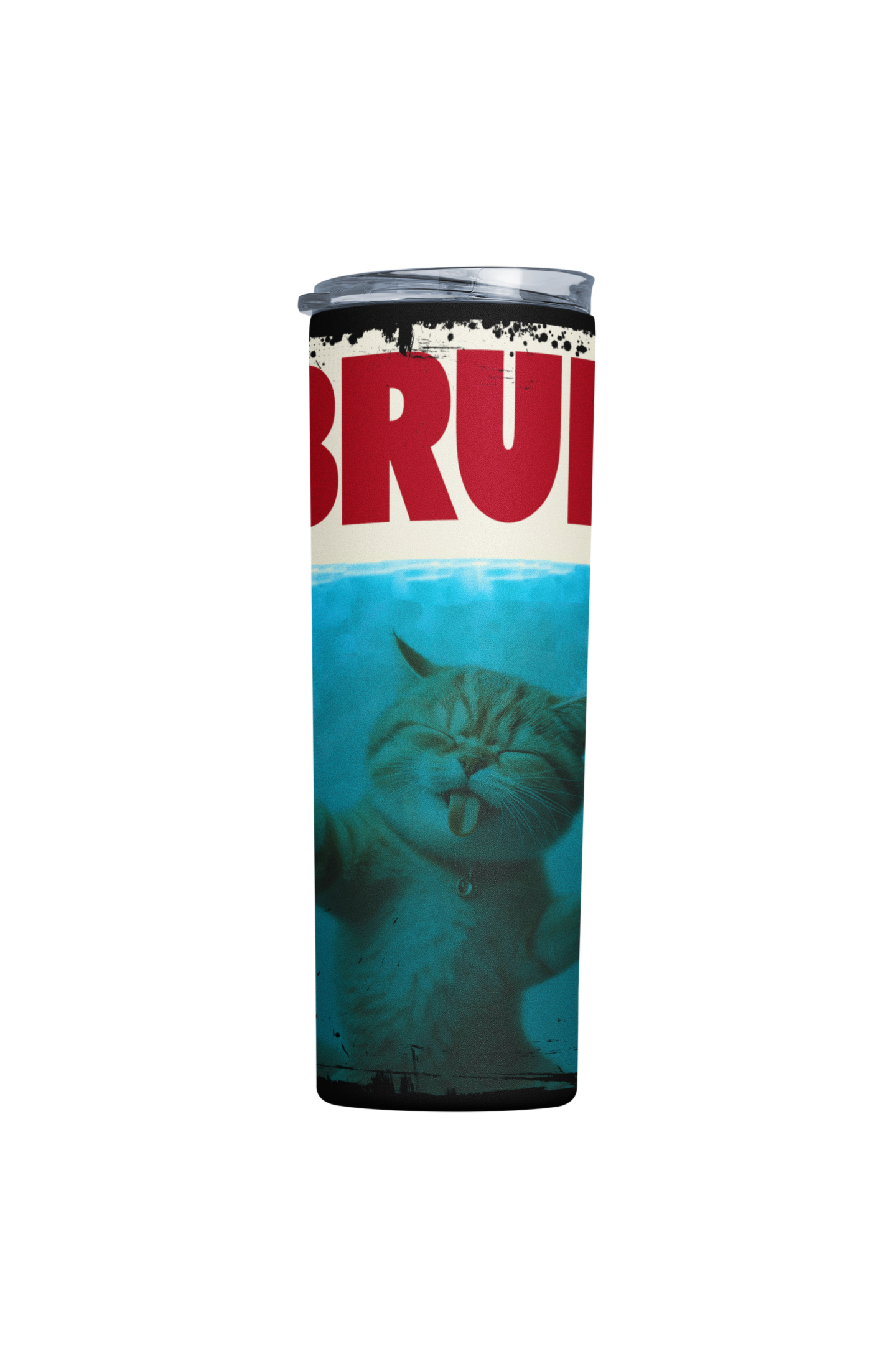 Tumbler with a cat design and 'BRU' branding on a white background