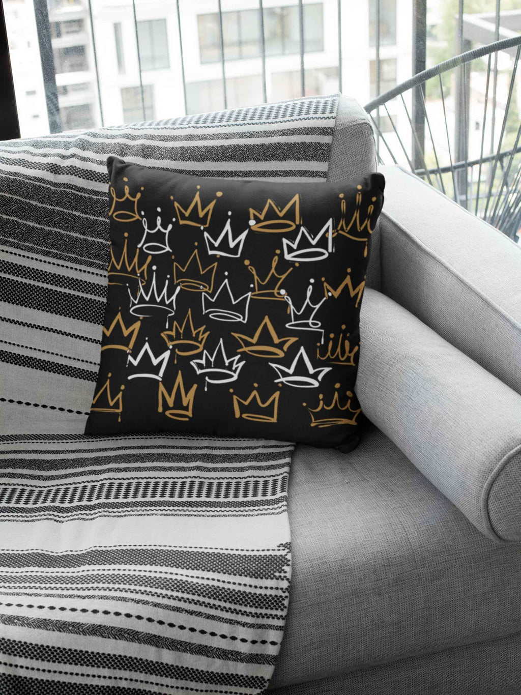 Decorative Crown Pattern 20 inches Pillow, Black with Gold and White Design, Modern Royal Home Decor