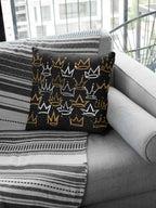 Decorative Crown Pattern 20 inches Pillow, Black with Gold and White Design, Modern Royal Home Decor