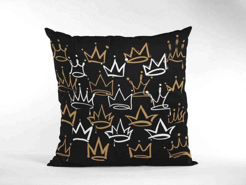 Decorative Crown Pattern 20 inches Pillow, Black with Gold and White Design, Modern Royal Home Decor