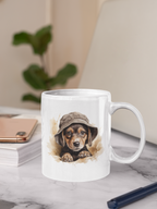 White mug with a puppy in a hat design on a marble surface.