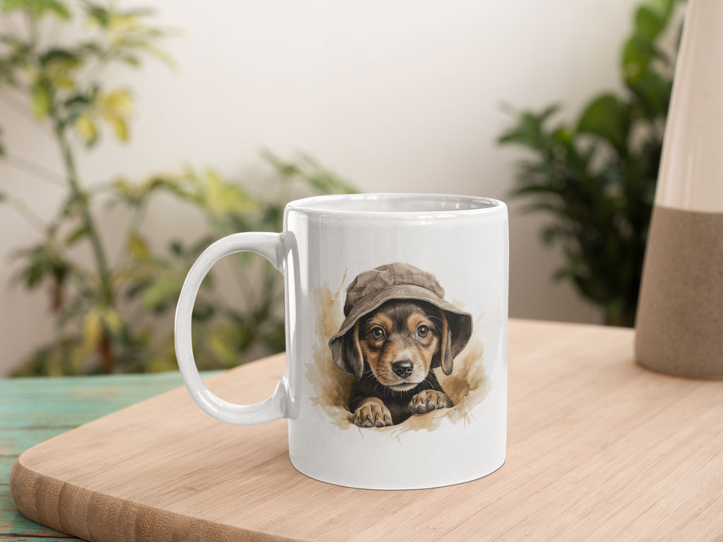 Mug with a puppy wearing a hat on a wooden surface with plants in the background