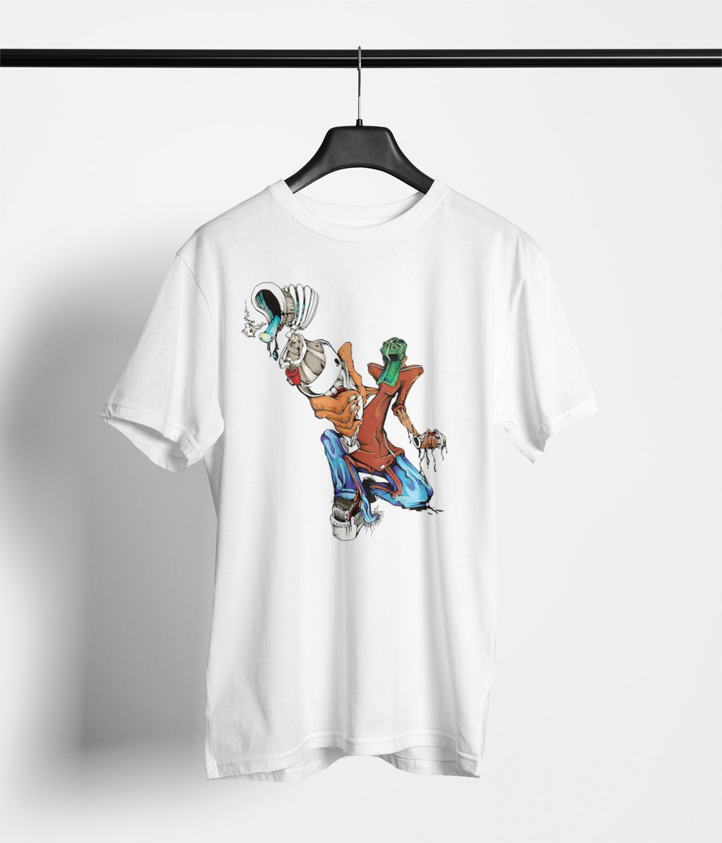 White t-shirt with cartoon character design on a hanger against a white background