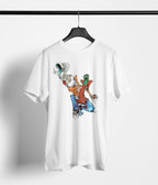 White t-shirt with cartoon character design on a hanger against a white background
