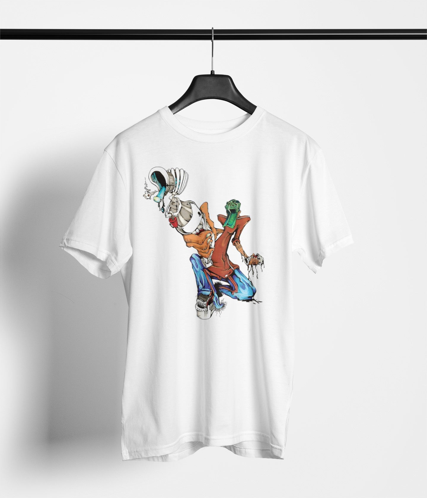White t-shirt with cartoon character design on a hanger against a white background