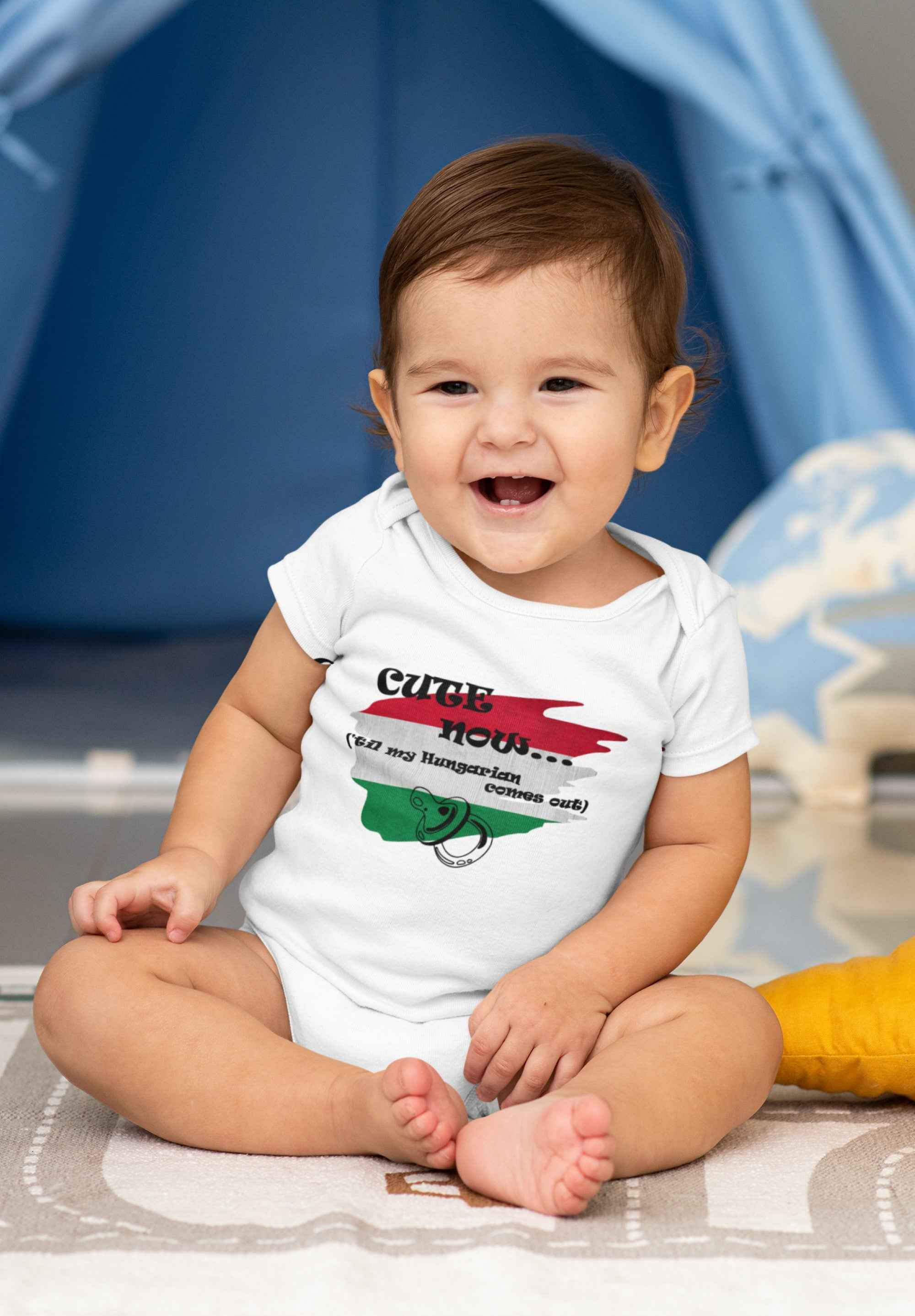 Hungarian Pride Baby Bodysuit, White Cotton Short Sleeve with Set of 3 Bibs