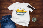 White t-shirt with 'OMG' graphic on a wooden surface with jeans and sunglasses.