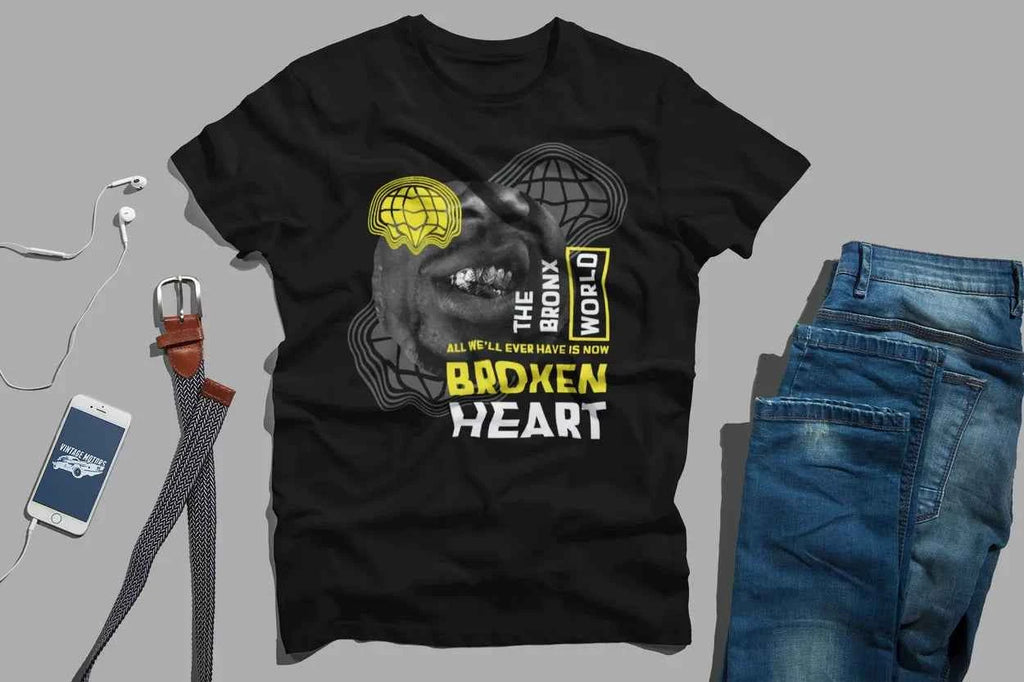 Bronx Broken Heart World Graphic T-Shirt, Black Cotton, Vintage Style