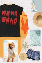 Collage of a black t-shirt with 'Drippin Swag' text, orange swimsuit, straw hat, shorts, and beach scene.