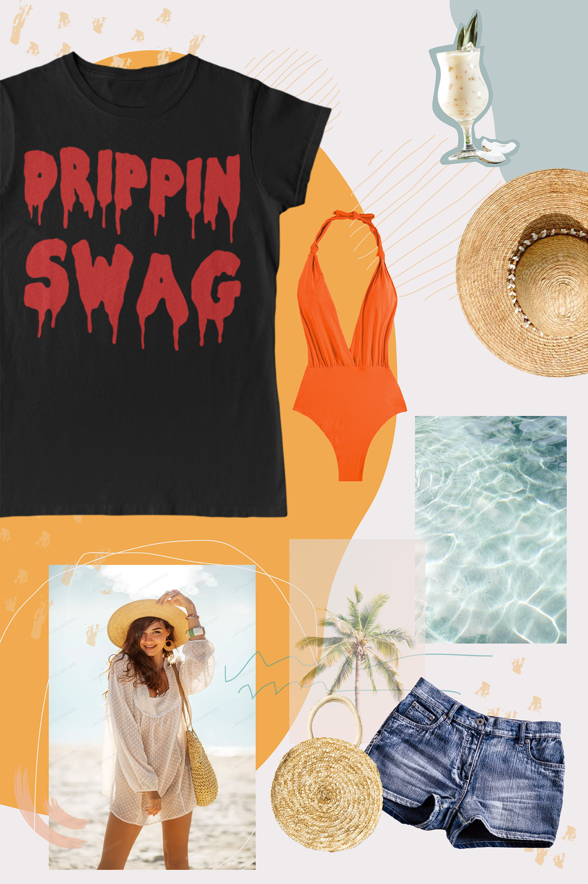 Collage of a black t-shirt with 'Drippin Swag' text, orange swimsuit, straw hat, shorts, and beach scene.