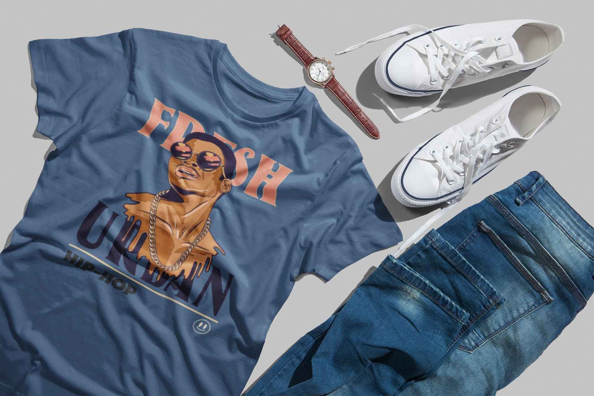 Fresh Urban Hip-Hop Graphic T-Shirt, Retro Design, Indigo Blue, Size L