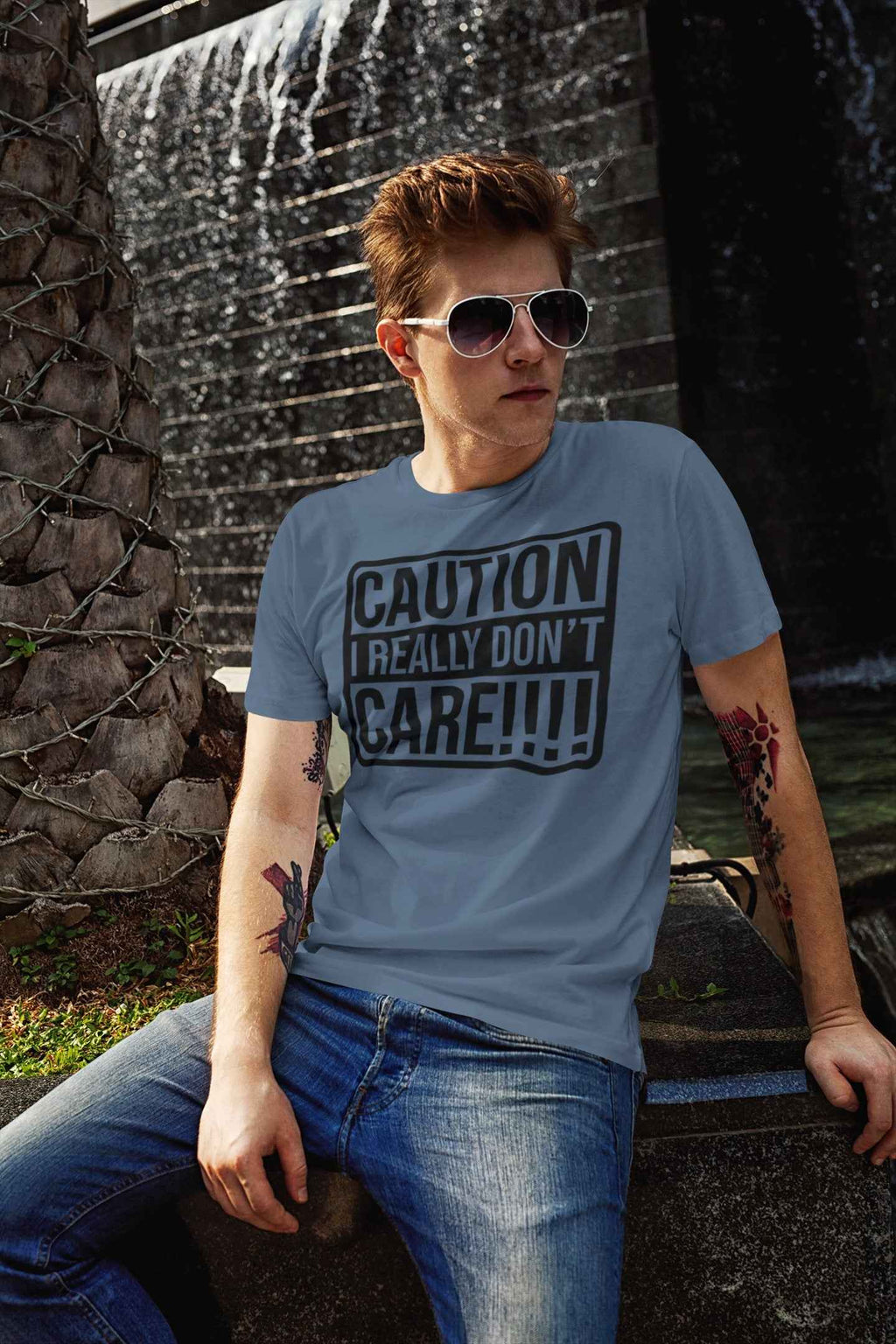 Funny Caution T-Shirt, I Really Don't Care Design, Indigo Blue, Size M, Adult Unisex