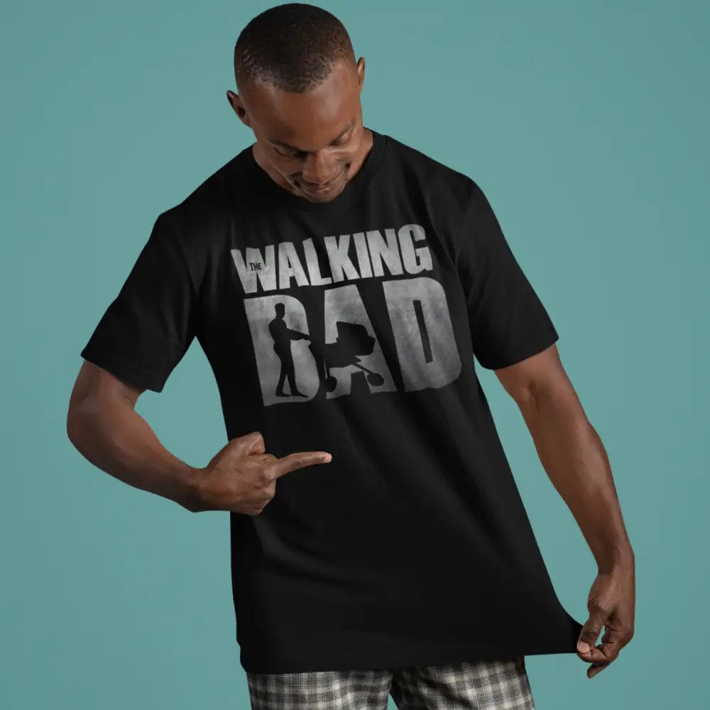 Man wearing a black t-shirt with 'WALKING BAD' graphic design on a teal background