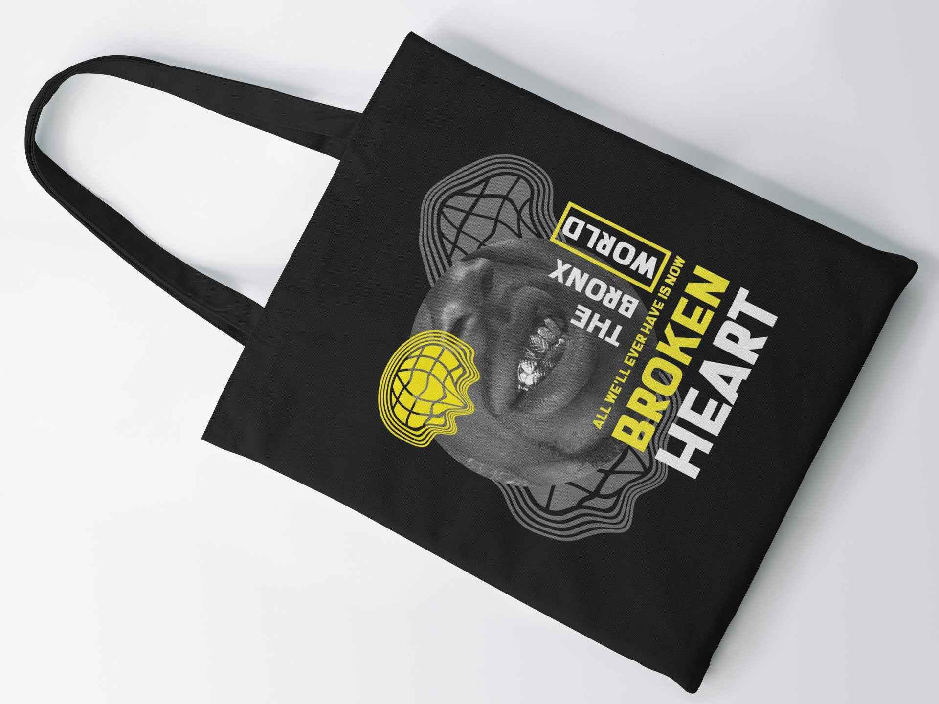 Broken Hearts Reusable Canvas Tote Bag, Black with Yellow and White Print
